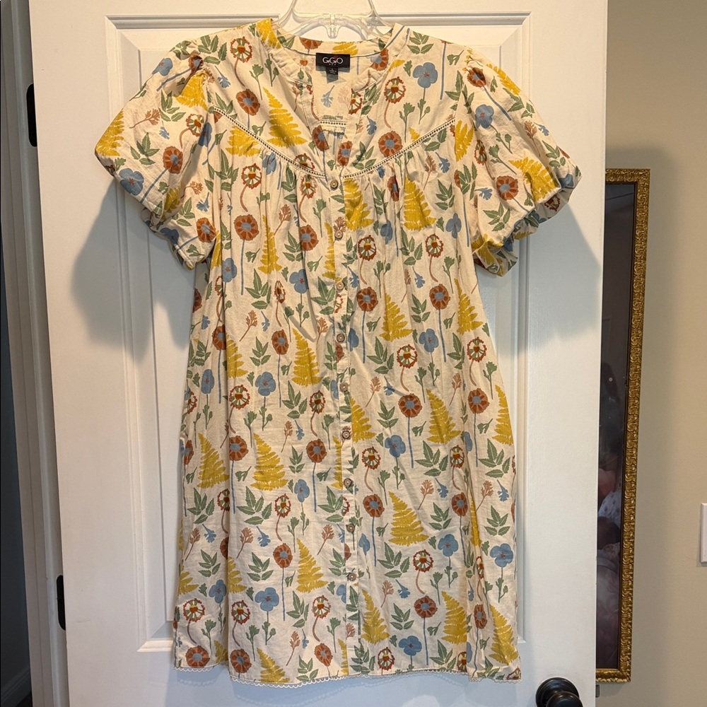 GiGiO USA Cream Floral Button-Down Dress with Yellow & Blue Motifs